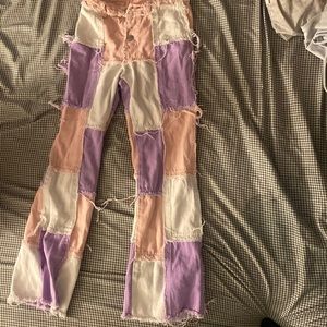 High waisted button fly spliced jeans